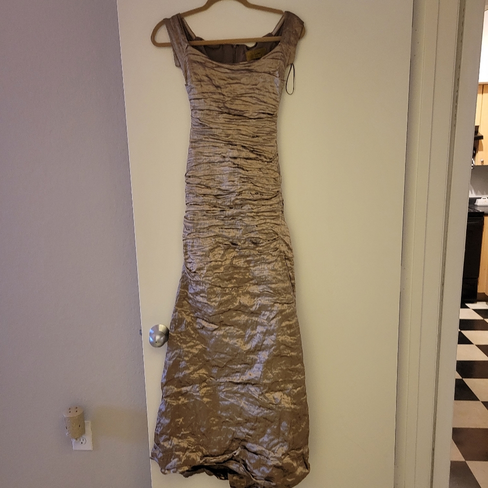 Nicole Miller Metallic Bronze Crinkle Gown